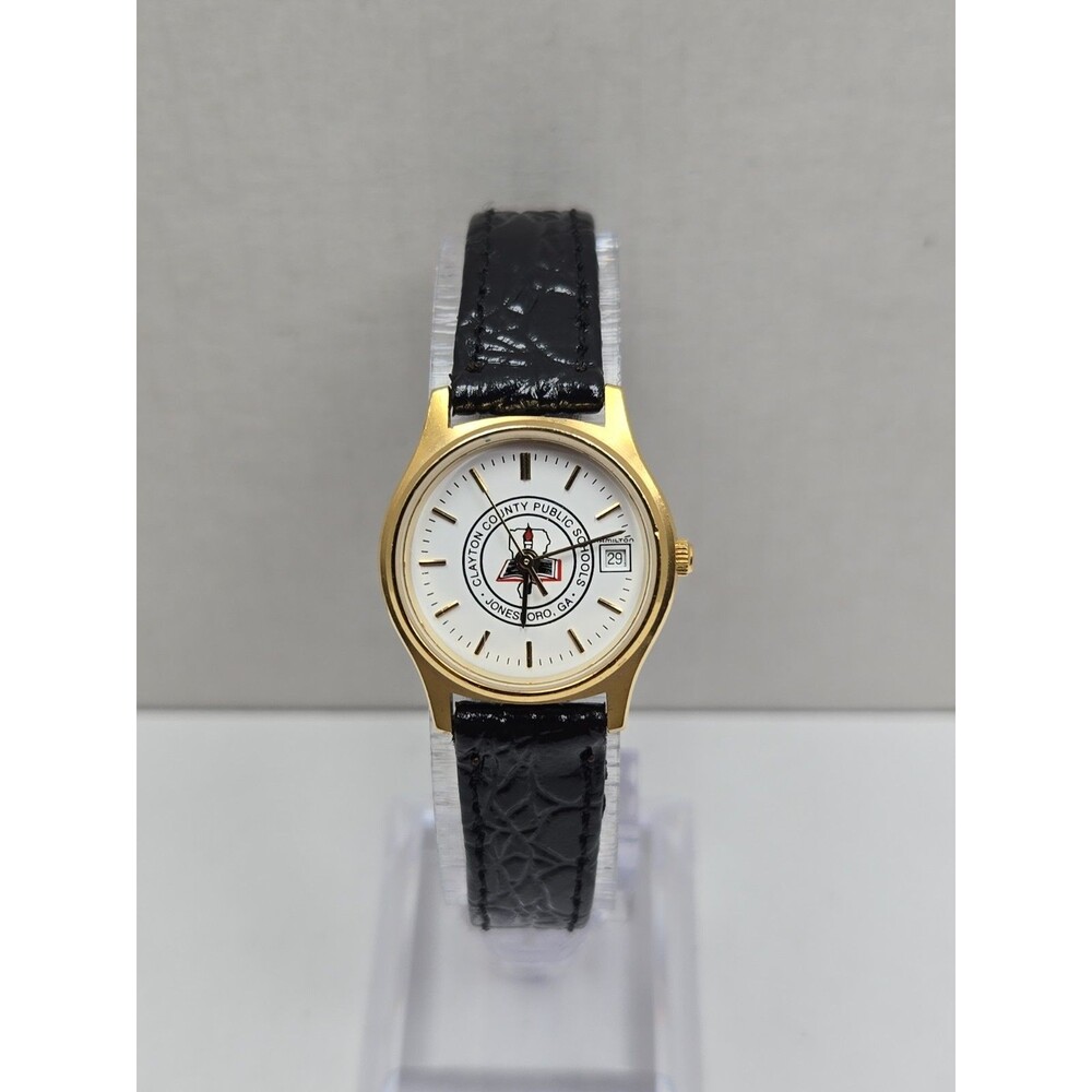 Hamilton 9818 Clayton County Schools Quartz Date Watch New Battery Gold Tone VTG